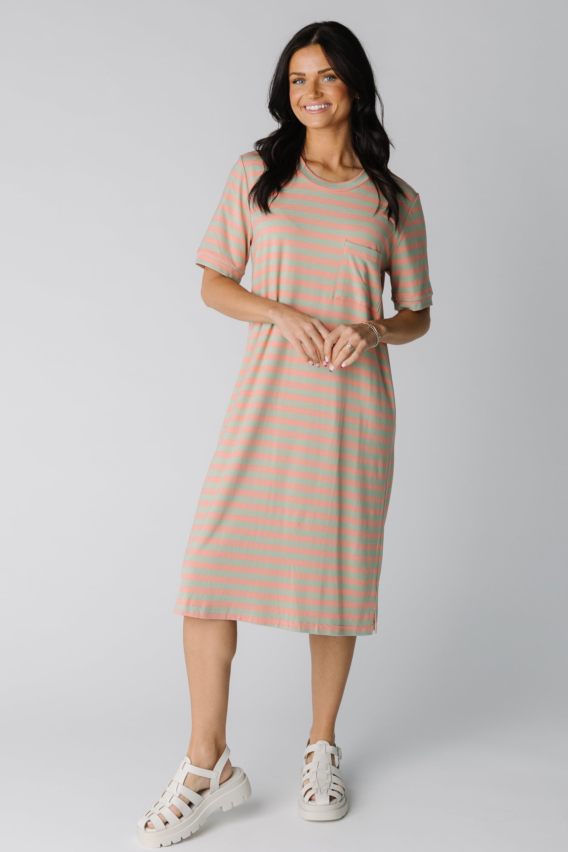 Modest t-shirt midi dress in peach/sage stripe with crew neckline and short sleeves