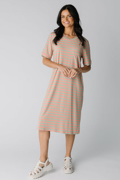 Modest t-shirt midi dress in peach/sage stripe with crew neckline and short sleeves