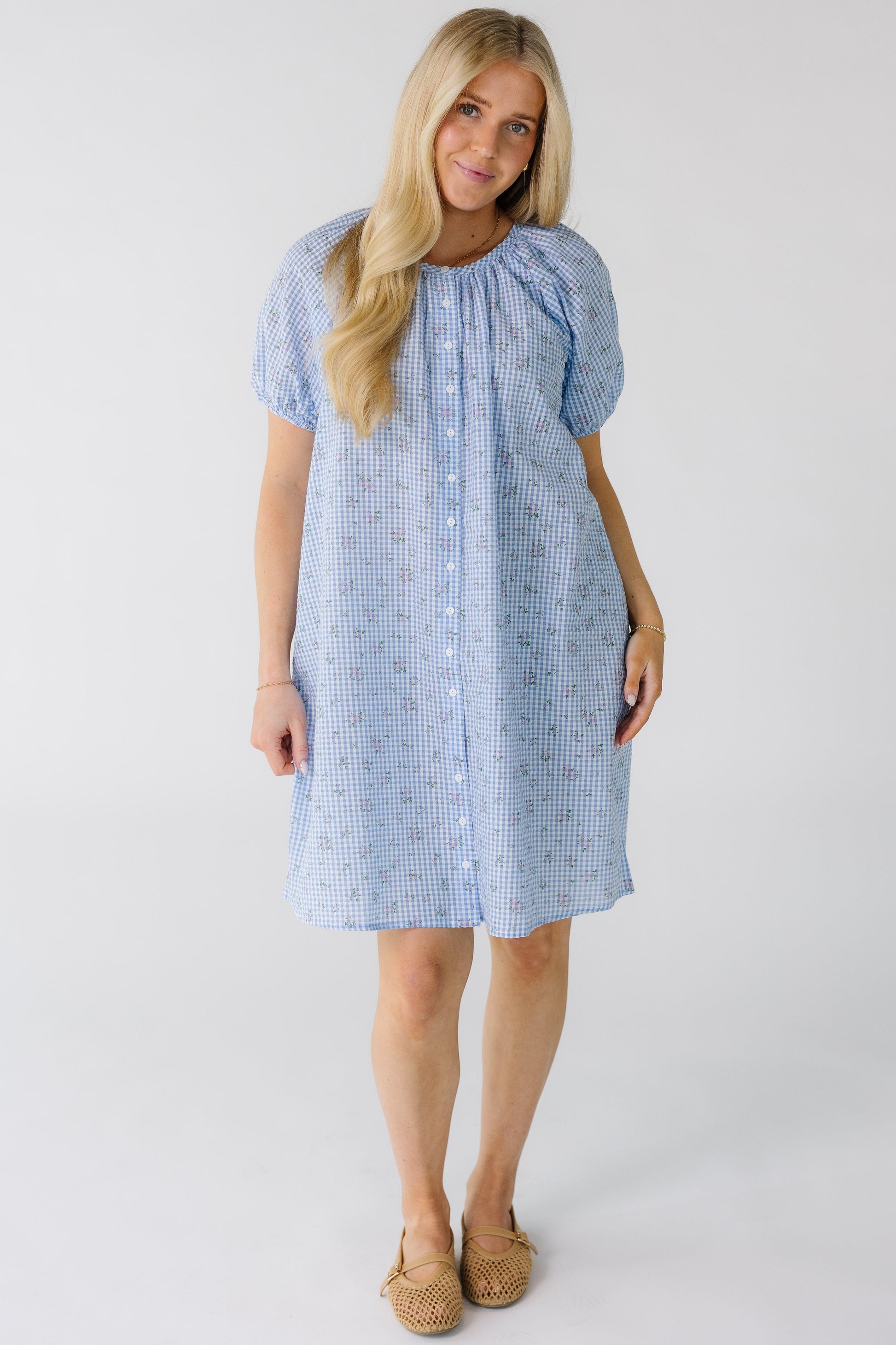Brass & Roe Bree Printed Knee Dress Blue Gingham / XS Brass & Roe Bree Printed Knee Dress Blue Gingham / XS