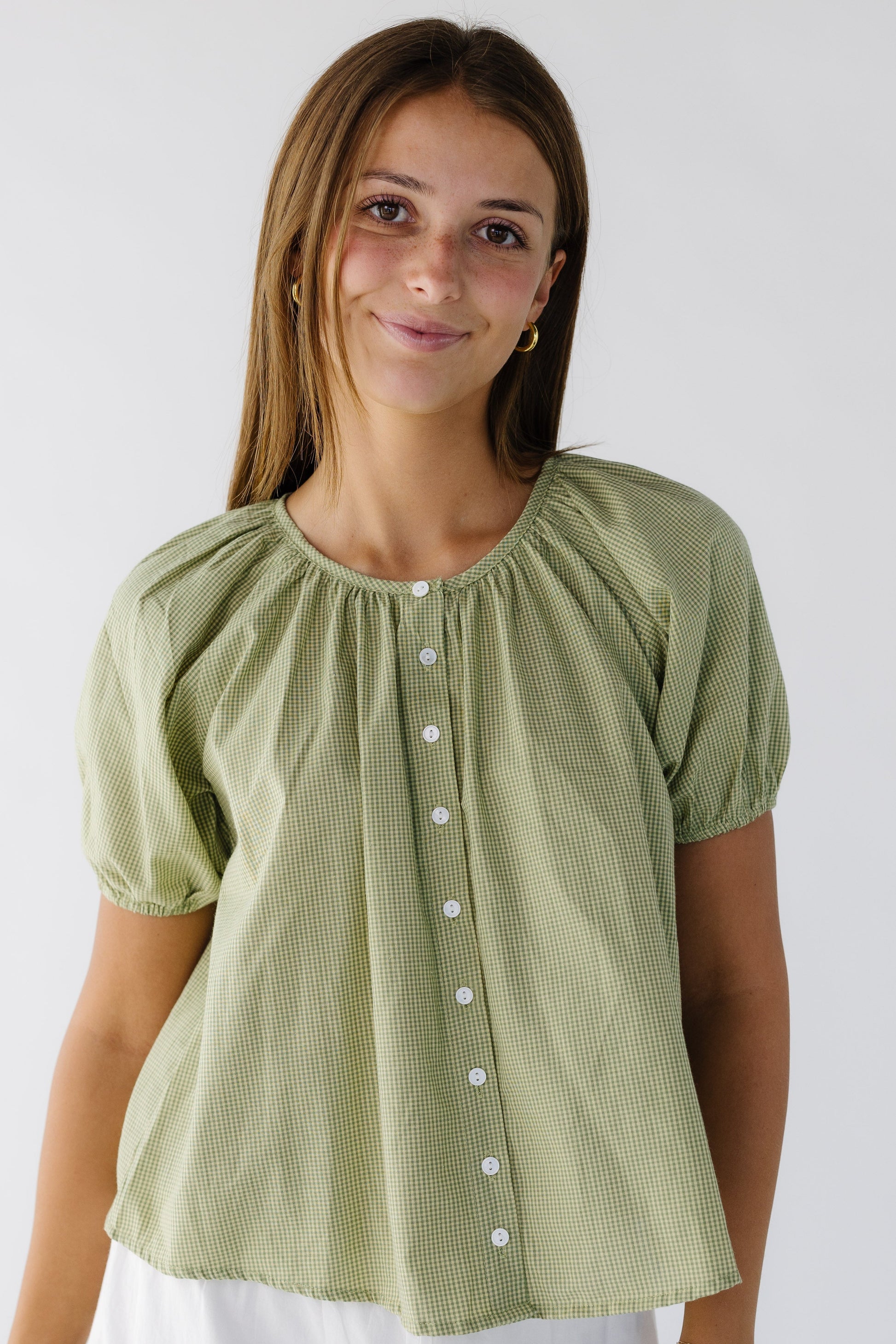 Brass & Roe Bree Textured Top in green gingham for women and teen girls.