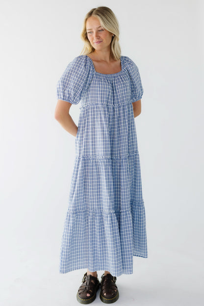 Brass & Roe Charity Tier Dress in blue plaid for women and teen girls.