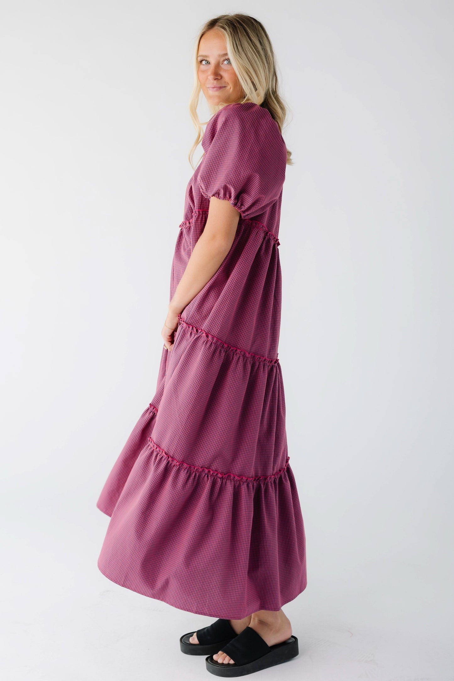 Brass & Roe Charity Tier Dress in red & navy gingham for women and teen girls.