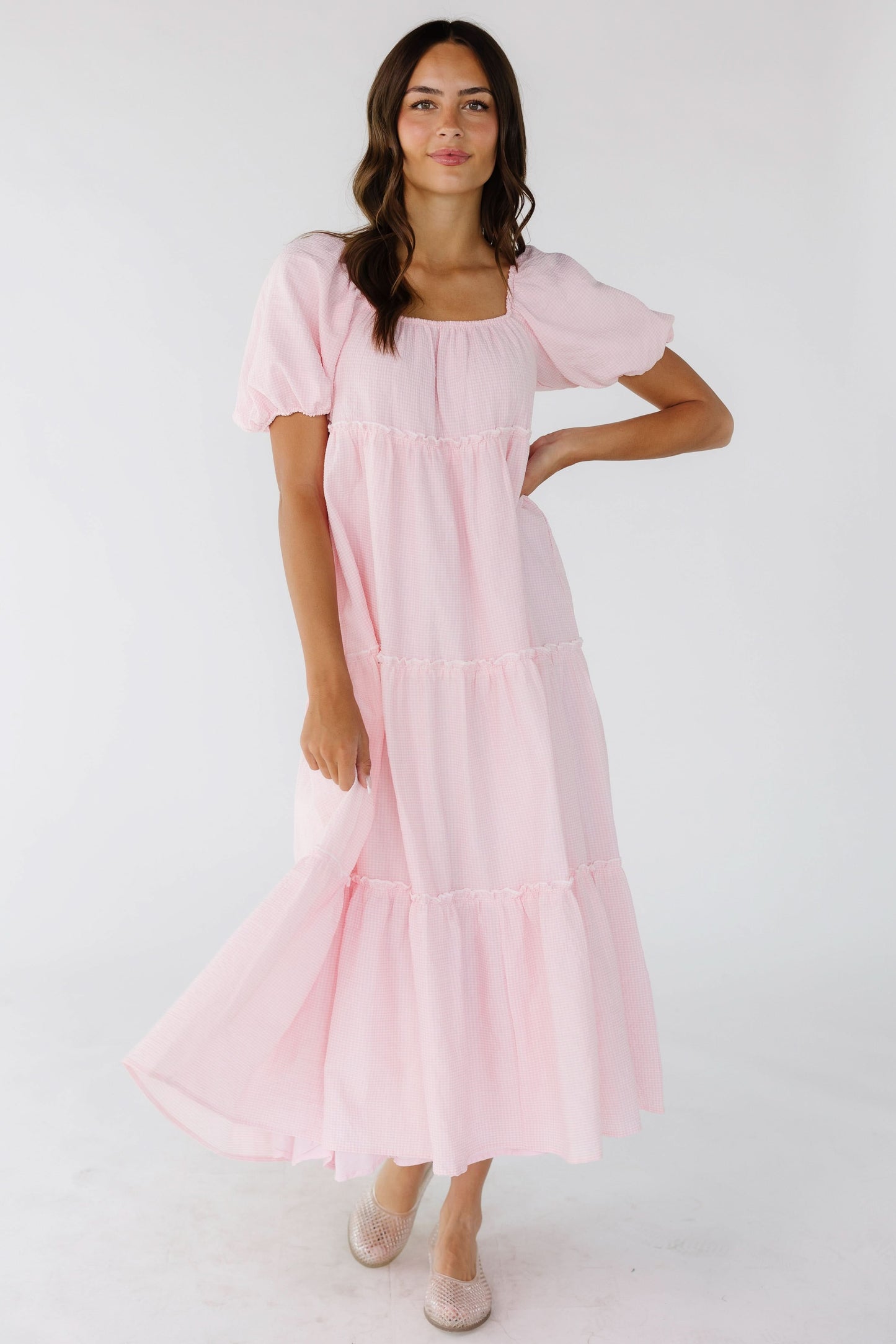 Brass & Roe Charity Tier Dress in pink gingham for women and teen girls.