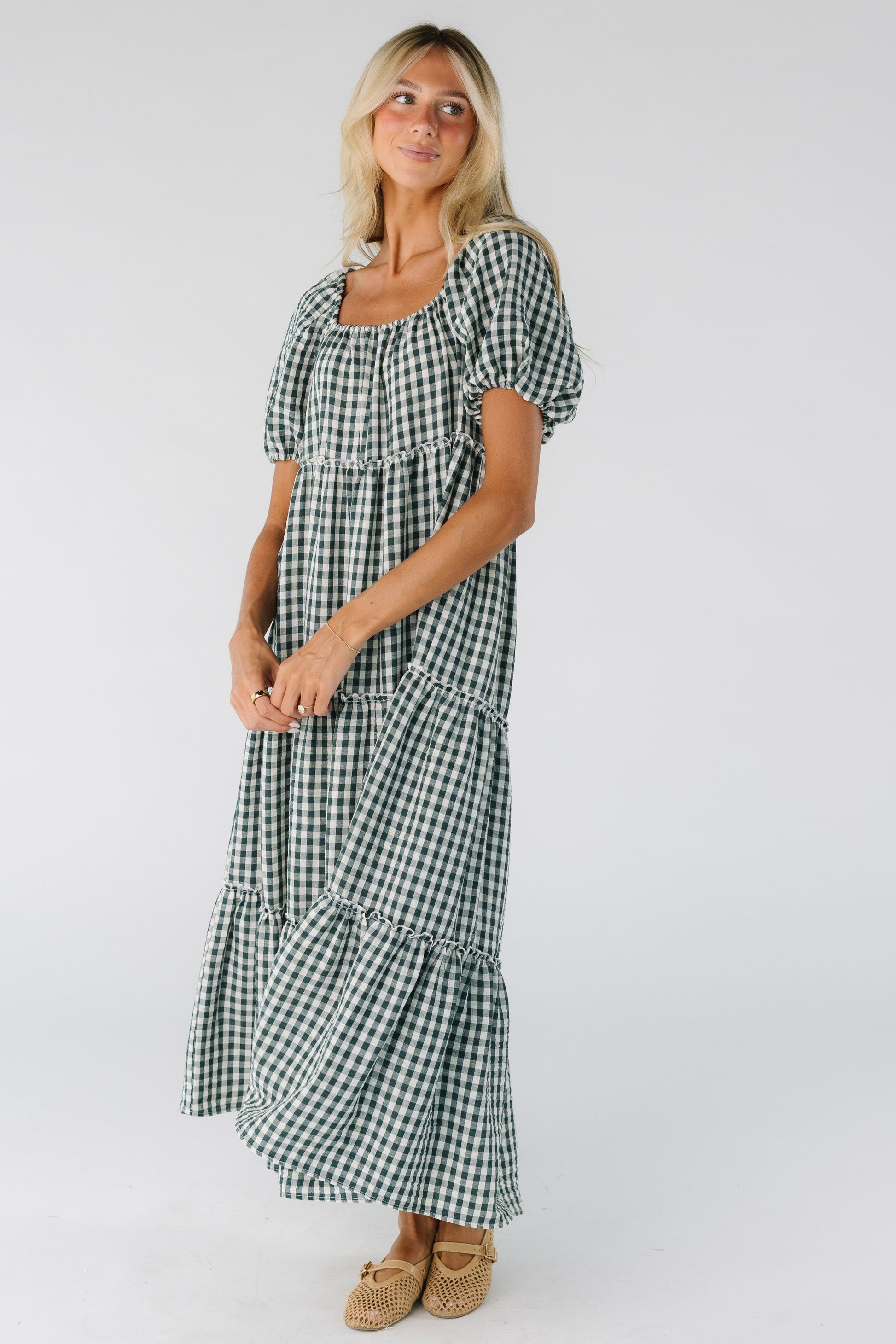 Modest women and teens gingham midi dress with square neckline