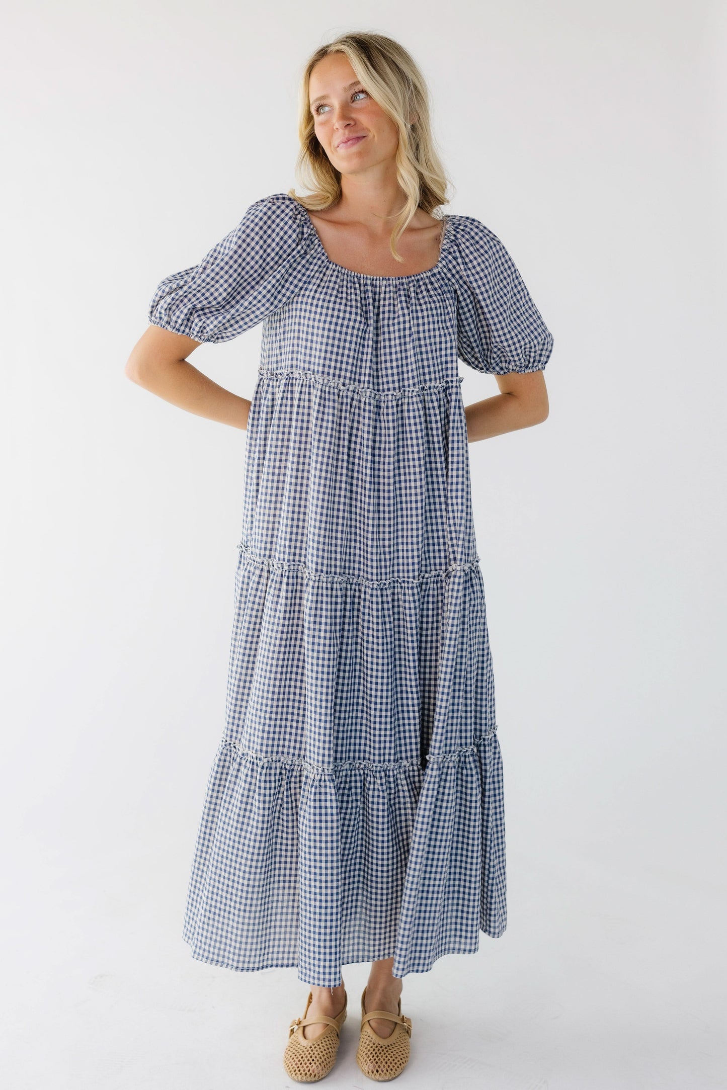 Brass & Roe Charity Tier Dress in blue gingham for women & teen girls.
