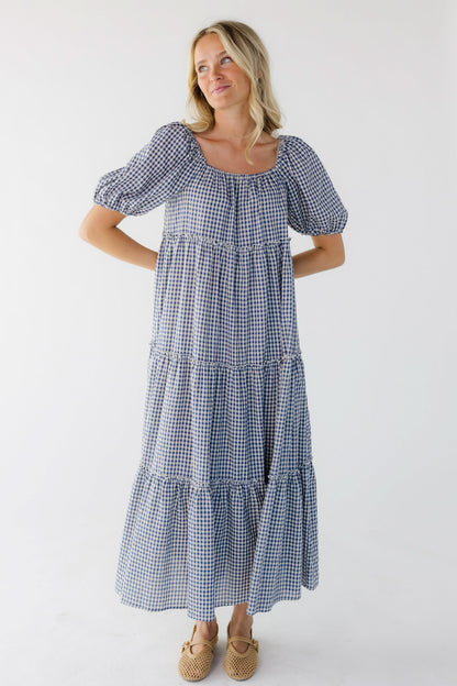 Brass & Roe Charity Tier Dress in blue gingham for women & teen girls.
