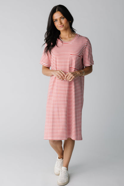 Brass & Roe Cozy T-Shirt Dress in brick and white stripe