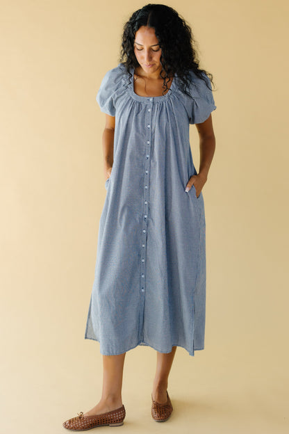 Brass & Roe Daybreak Button Down Dress in navy & white gingham for women and teen girls.
