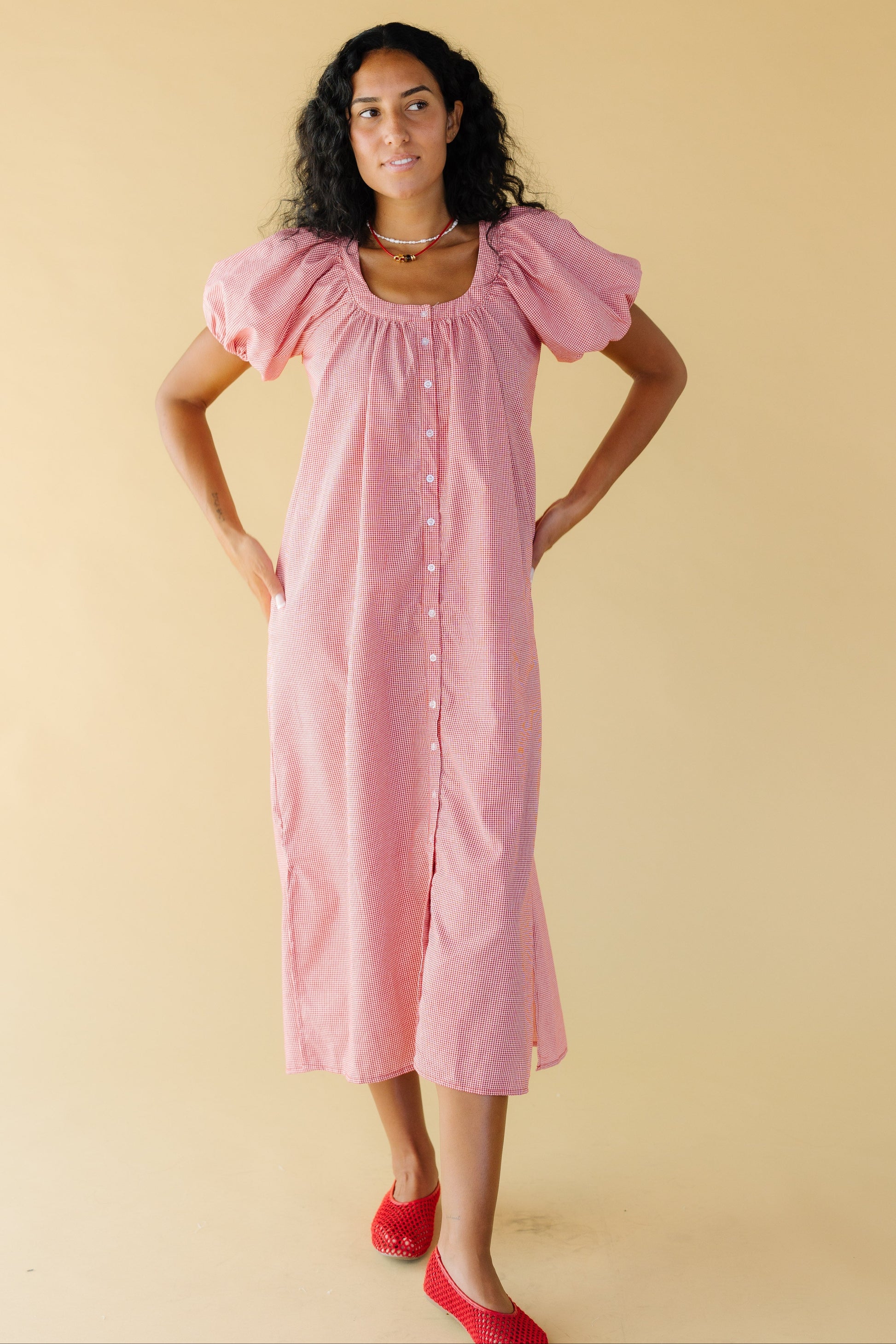 Brass & Roe Daybreak Button Down Dress in red gingham for women and teen girls.