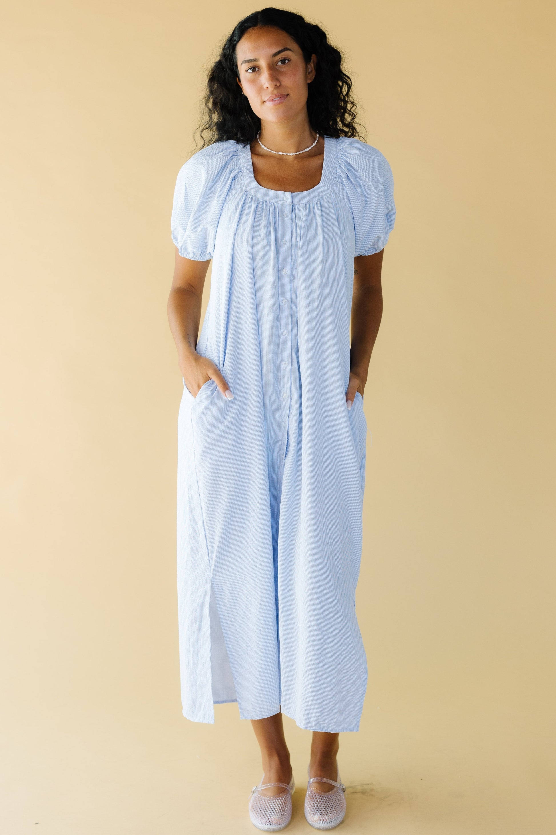 Brass & Roe Daybreak Button Down Dress in blue line plaid for women and teen girls.