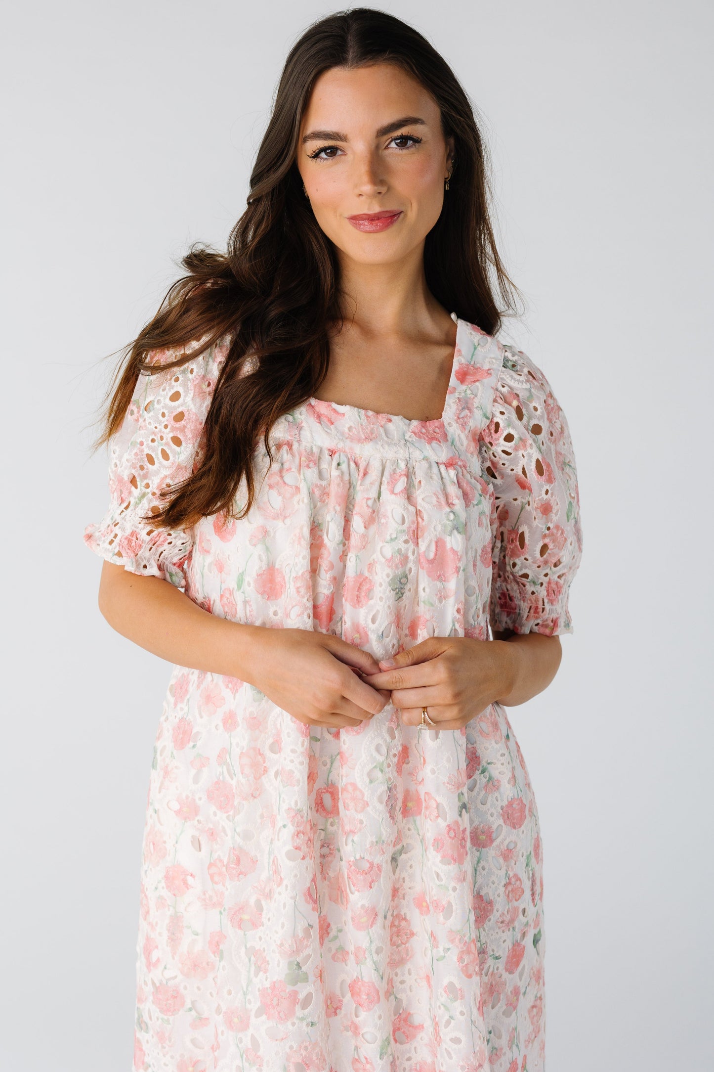 Pink floral midi with short puff sleeves and square neckline