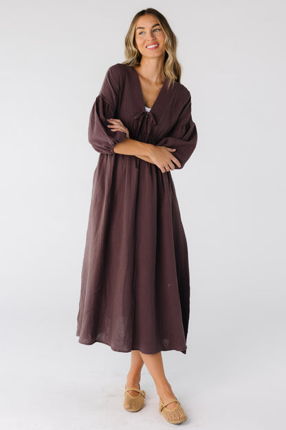 Modest women's brown crepe textured midi dress with V-neckline