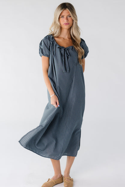 Modest blue gingham midi dress with scoop neckline and short sleeves