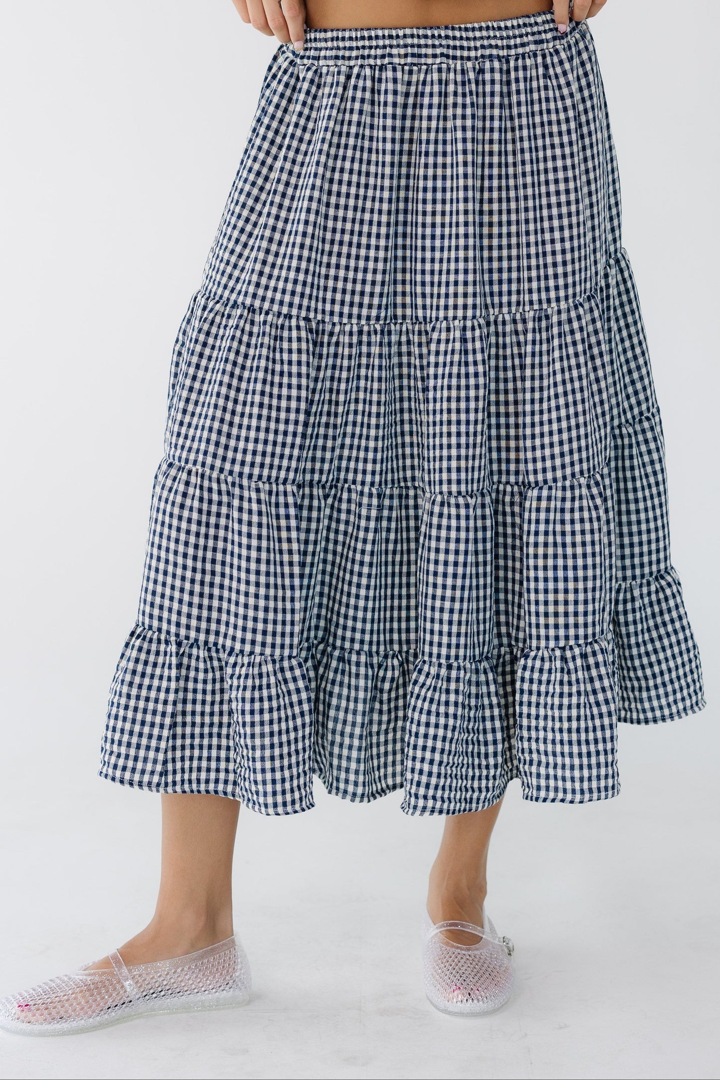 Brass & Roe Gingham Tiered Skirt in navy & white gingham for women and teenage girls.