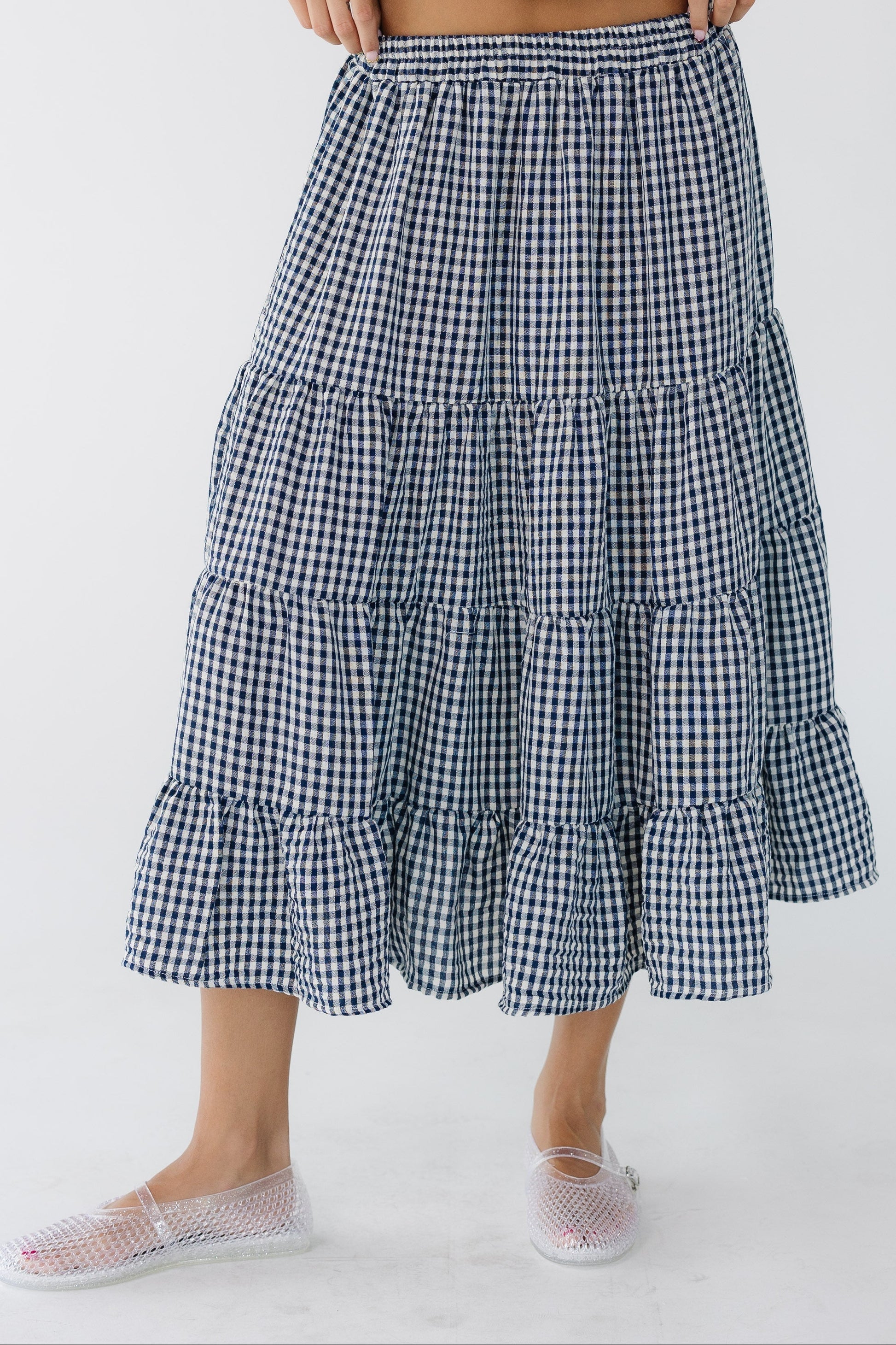Brass & Roe Gingham Tiered Skirt in navy & white gingham for women and teenage girls.