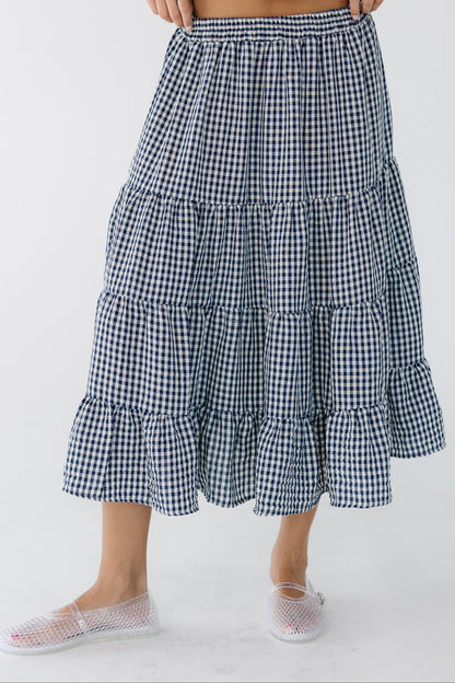 Brass & Roe Gingham Tiered Skirt in navy & white gingham for women and teenage girls.