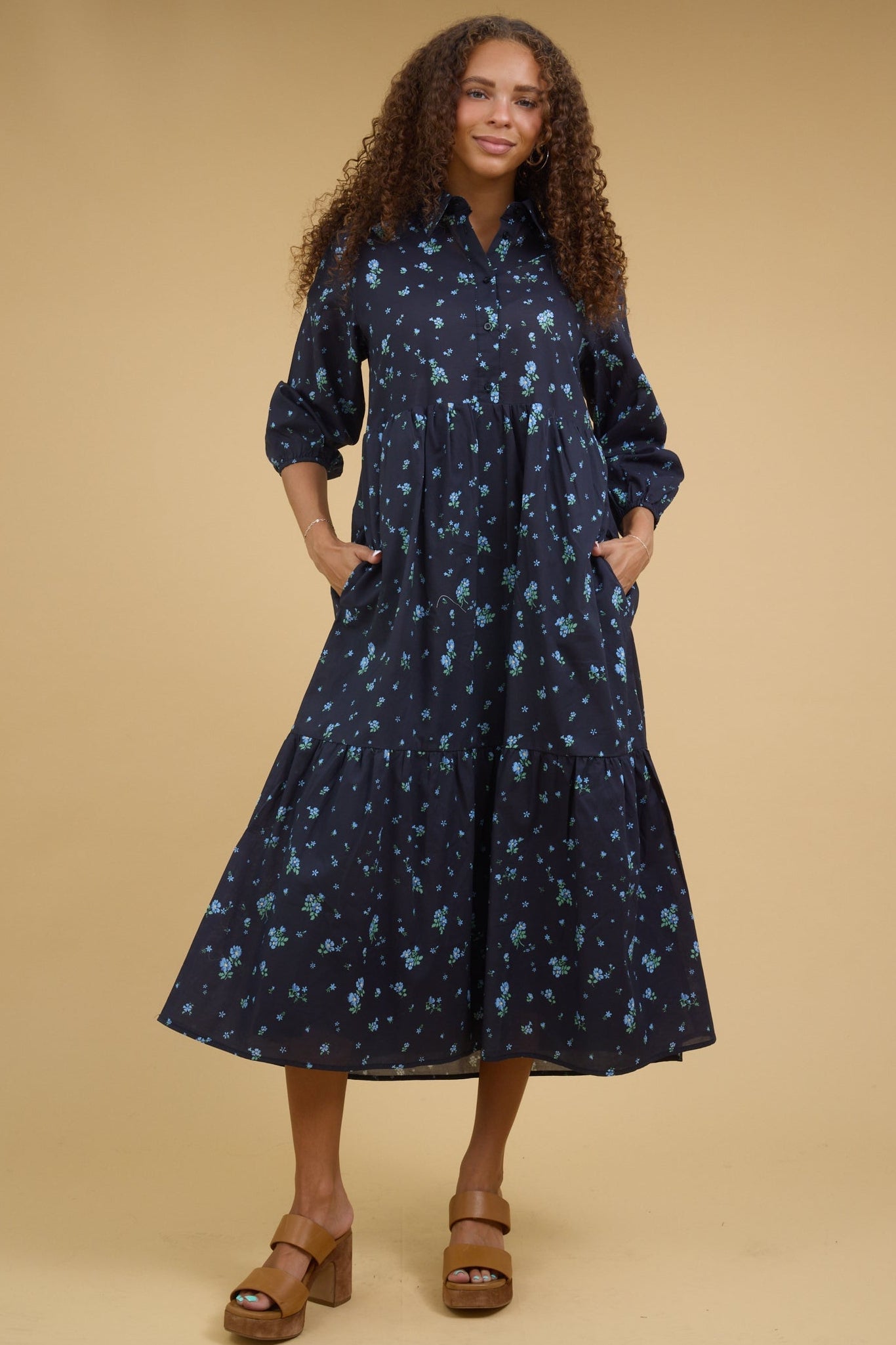 Brass & Roe Janice Collar Dress in blue floral print for women & teenage girls.