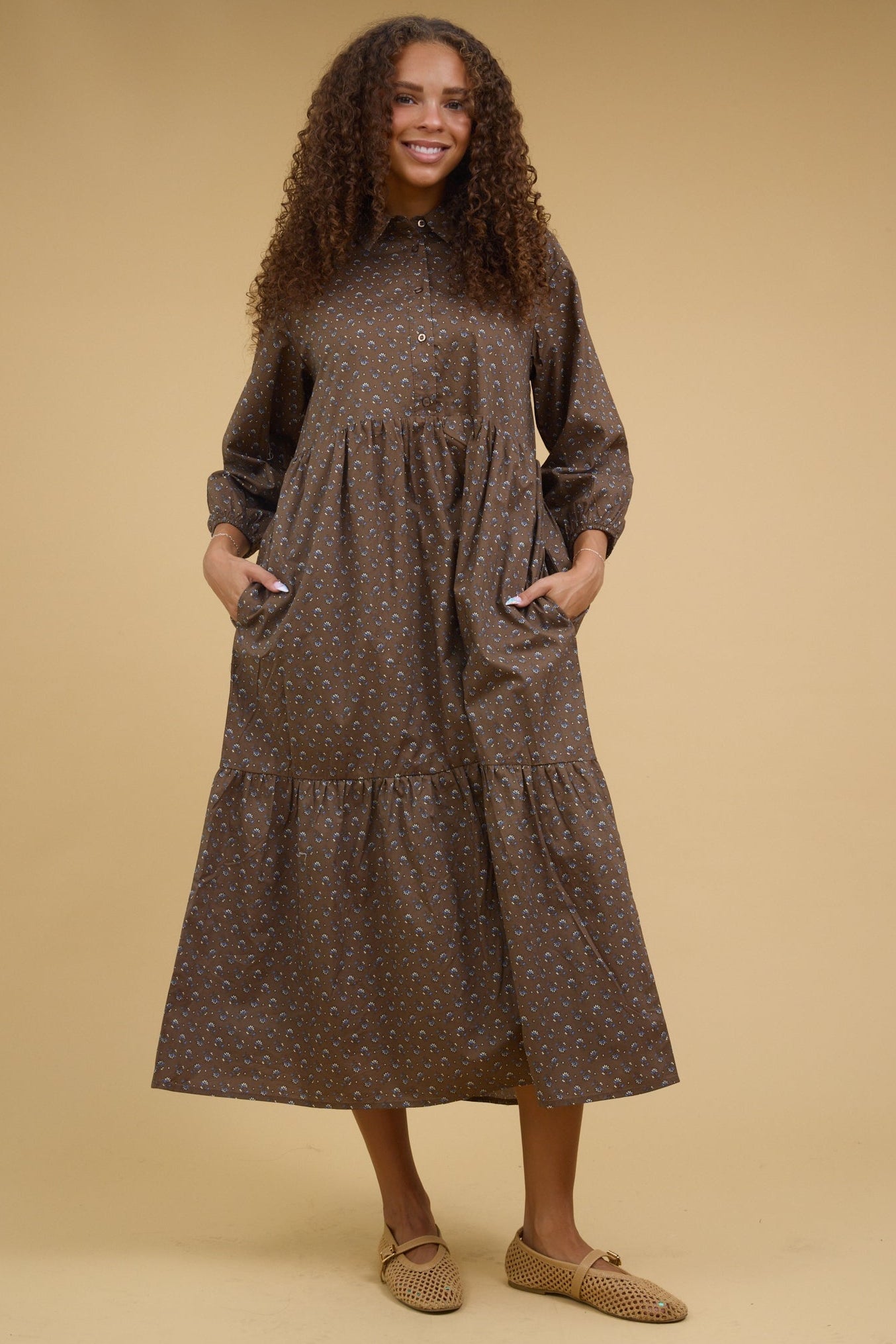 Brass & Roe Janice Collar Dress in brown print for women and teenage girls.