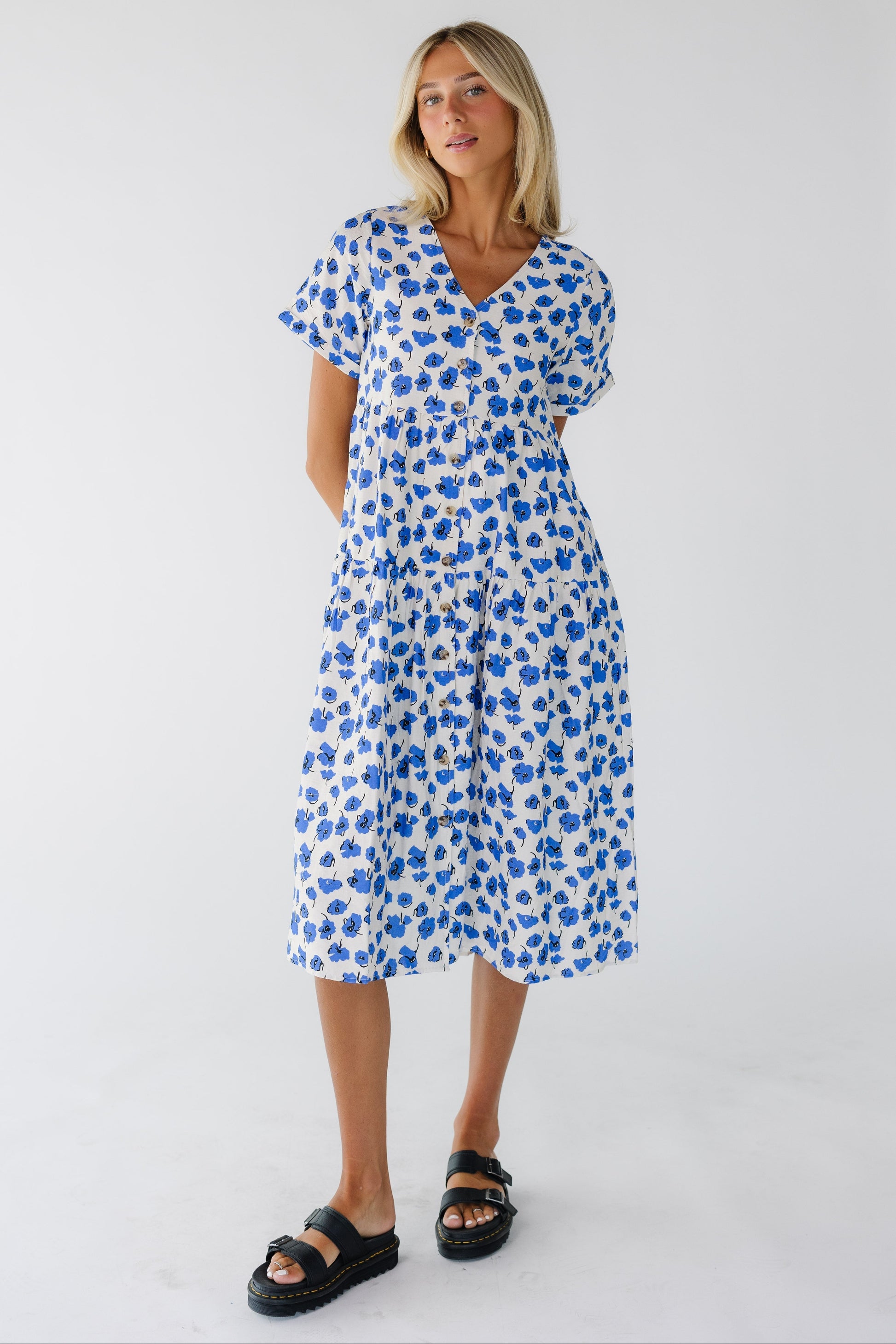 Brass & Roe Keri Button Down Dress in white with blue floral print for women and teenage girls.