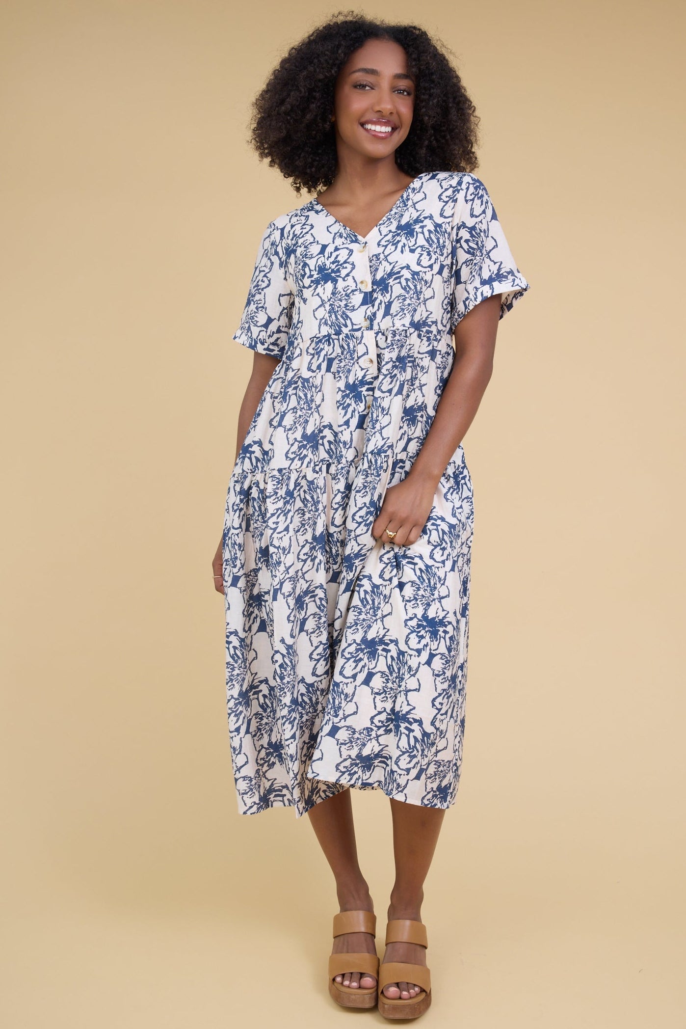 Brass & Roe Keri Button Down Dress WOMEN'S DRESS brass & roe Cream/Navy XS 