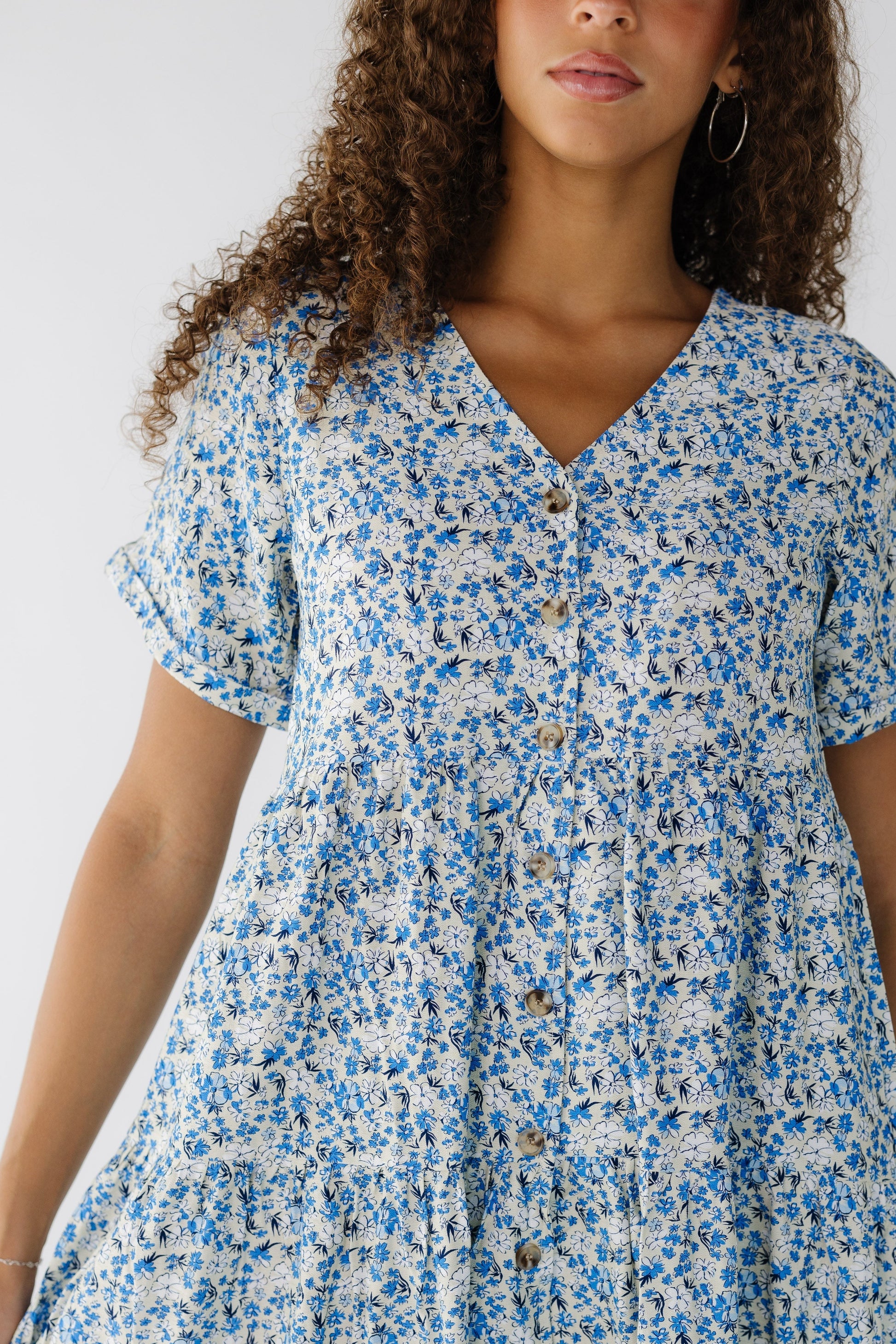 Brass & Roe Keri Button Down Dress in ivory  blue floral print for women and teen girls.