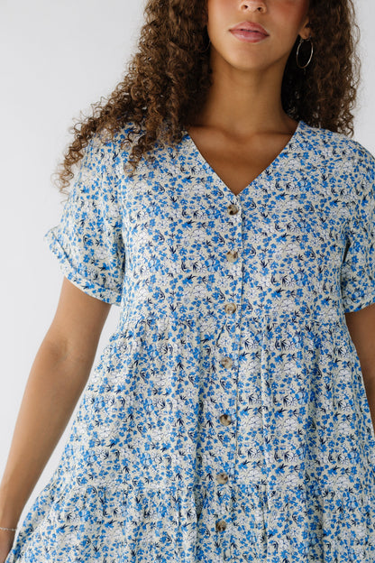 Brass & Roe Keri Button Down Dress in ivory  blue floral print for women and teen girls.