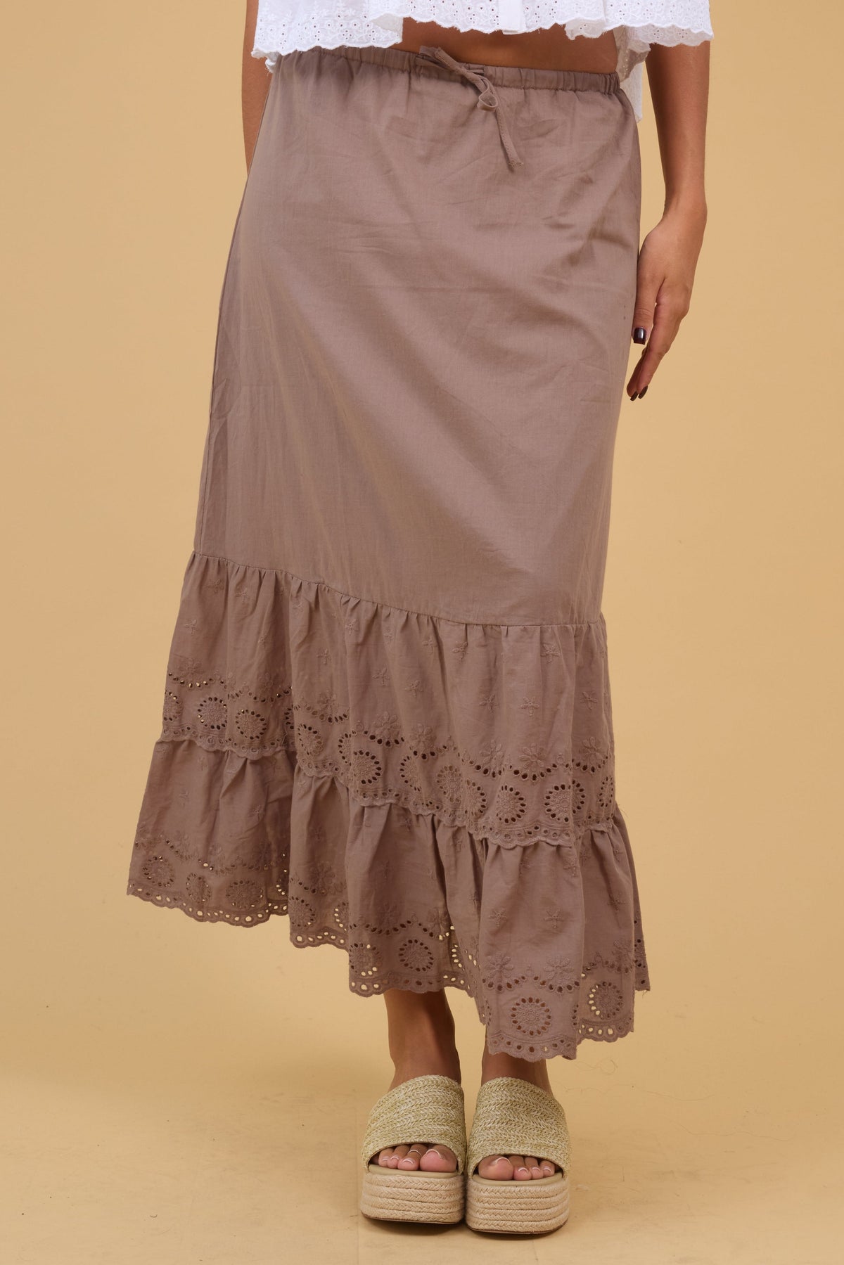 Brass & Roe Luna Eyelet Skirt in brown for women and teen girls.