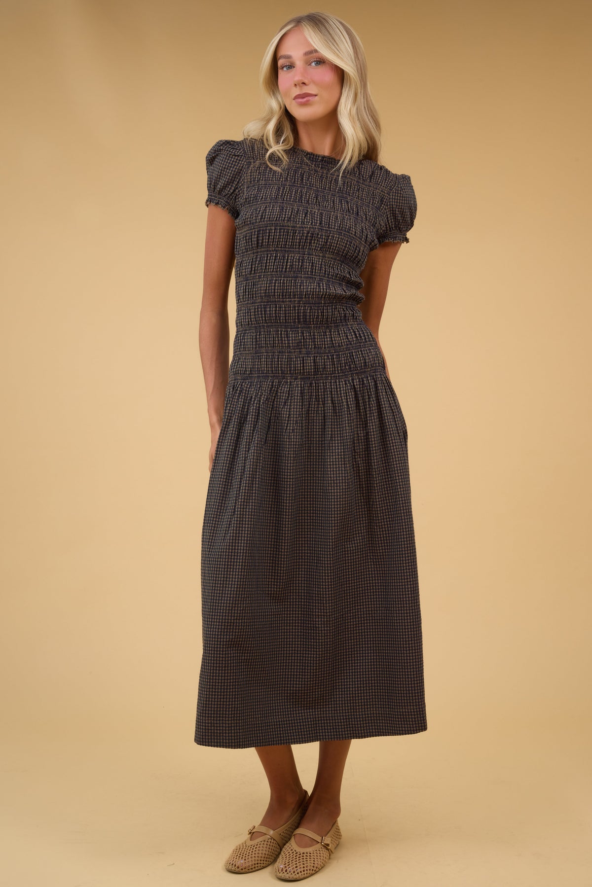 Brass & Roe Maci Smocked Maxi Dress in brown & black gingham for women and teen girls.