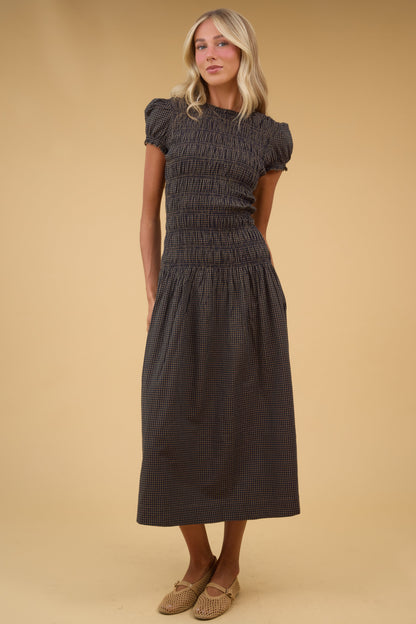 Brass & Roe Maci Smocked Maxi Dress in brown & black gingham for women and teen girls.