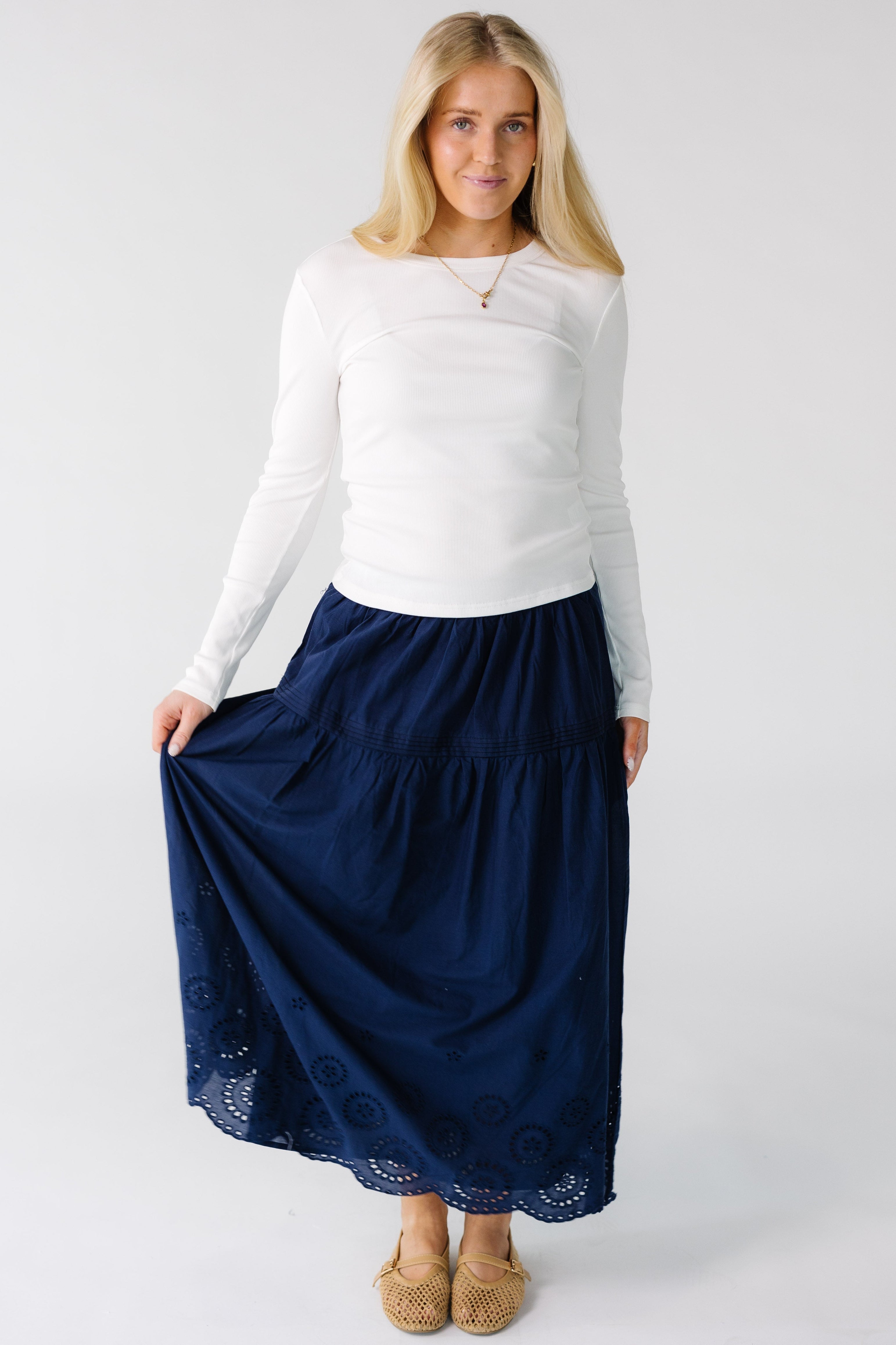 Brass & Roe Melanie Eyelet Midi Skirt – Called to Surf