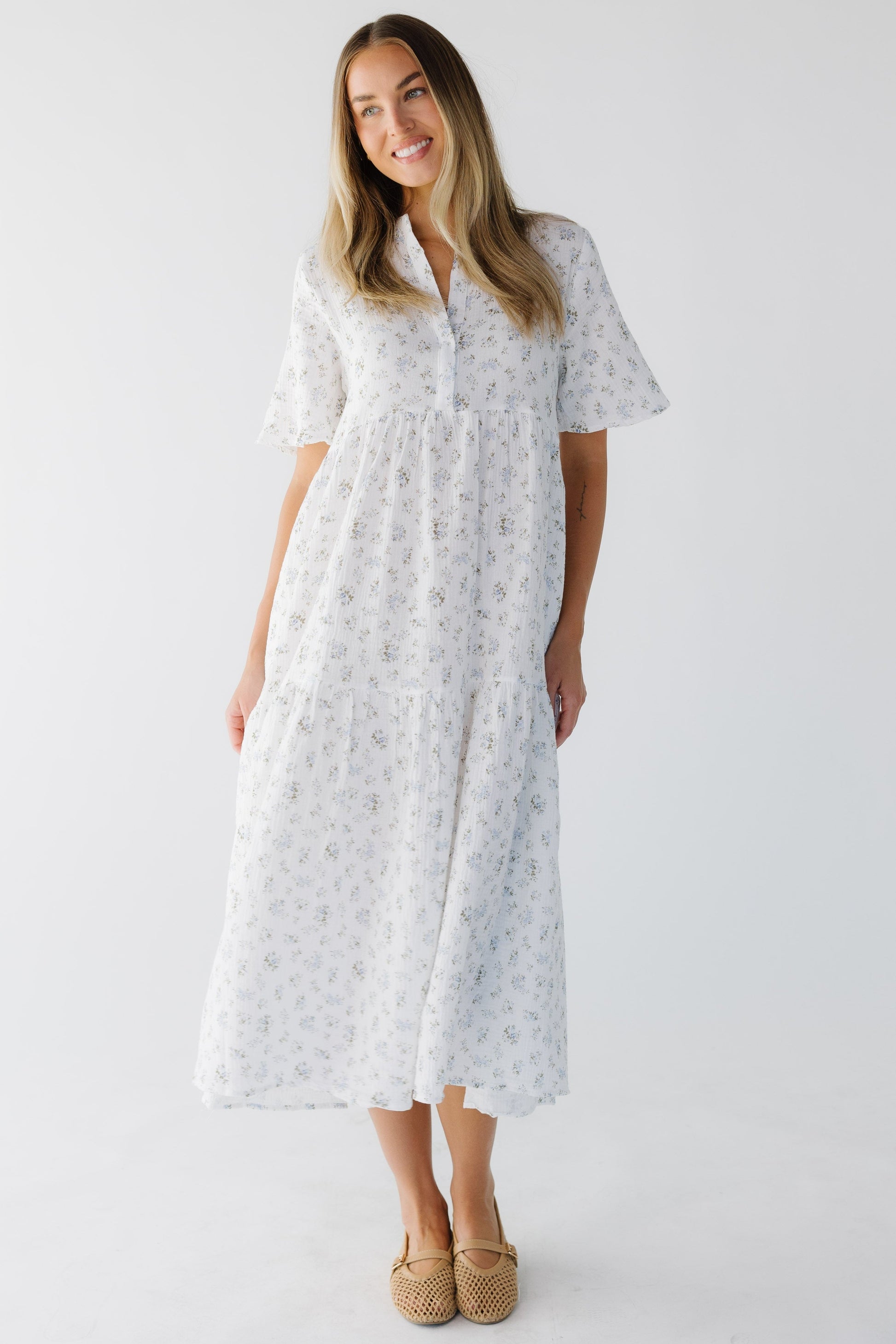 Modest Brass & Roe Pondering Gauze Print Dress Cream / S