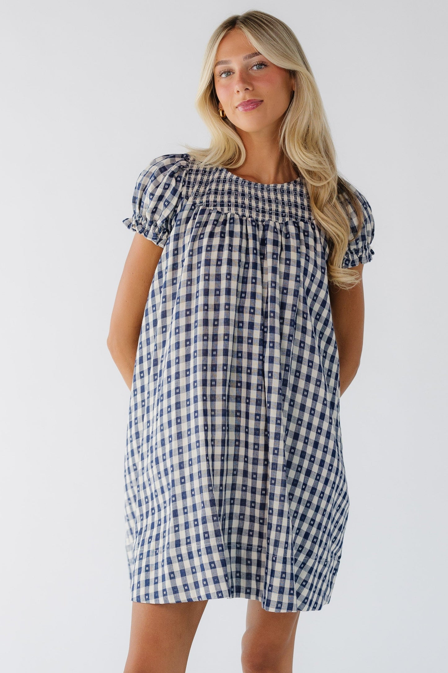 Brass & Roe Sauri Short Dress in navy & white gingham for women and teenage girls.