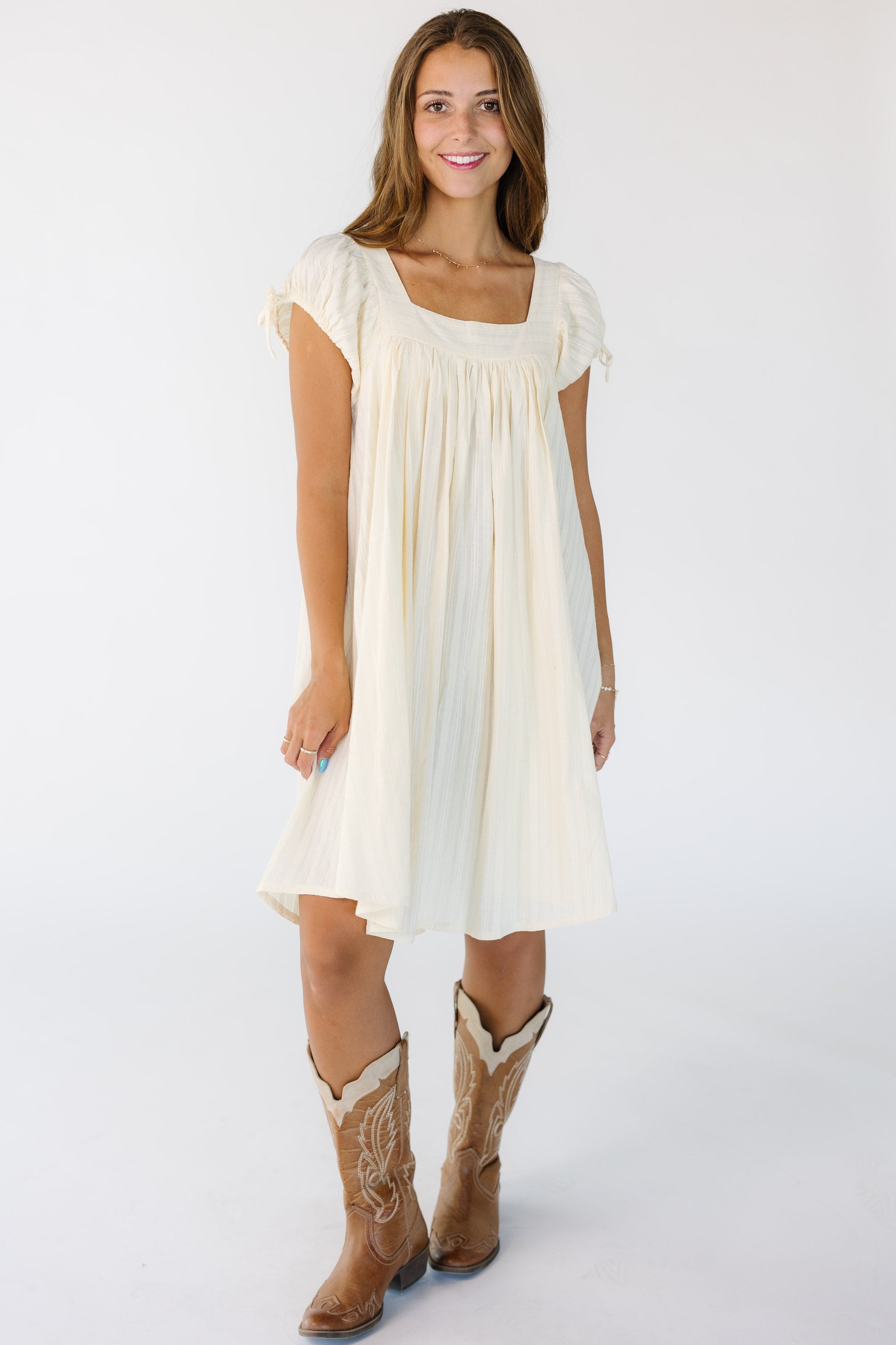 Brass & Roe Tali Textured Knee Dress - Ivory / XS Brass & Roe Tali Textured Knee Dress - Ivory / XS