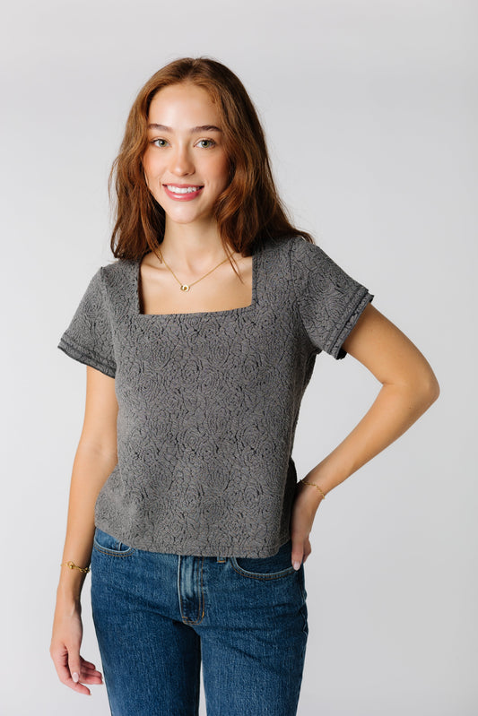 Brass & Roe Textured Square Neck Top WOMEN'S TOP brass & roe Charcoal XS 