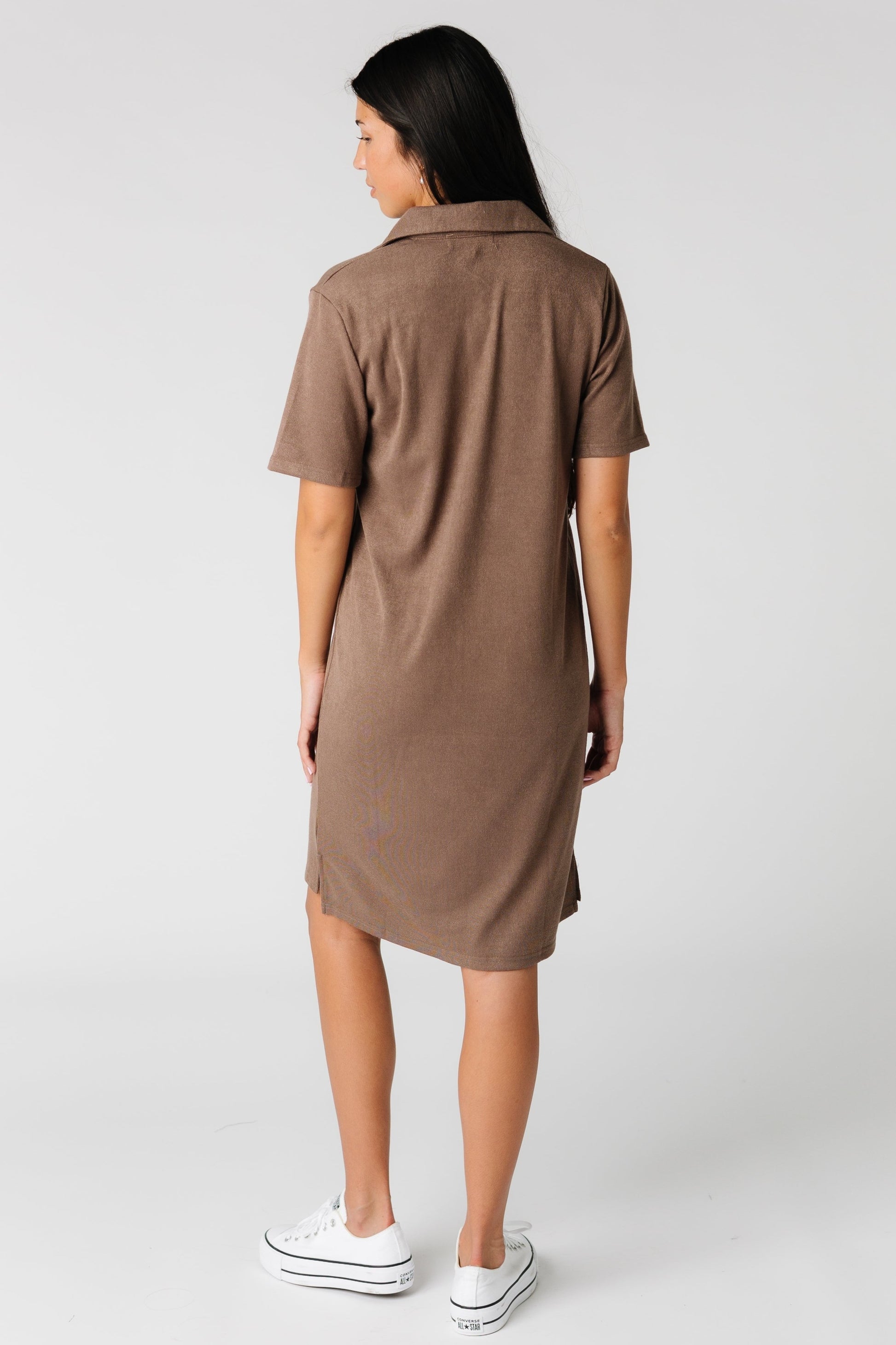 Back view of knit short sleeve top in brown