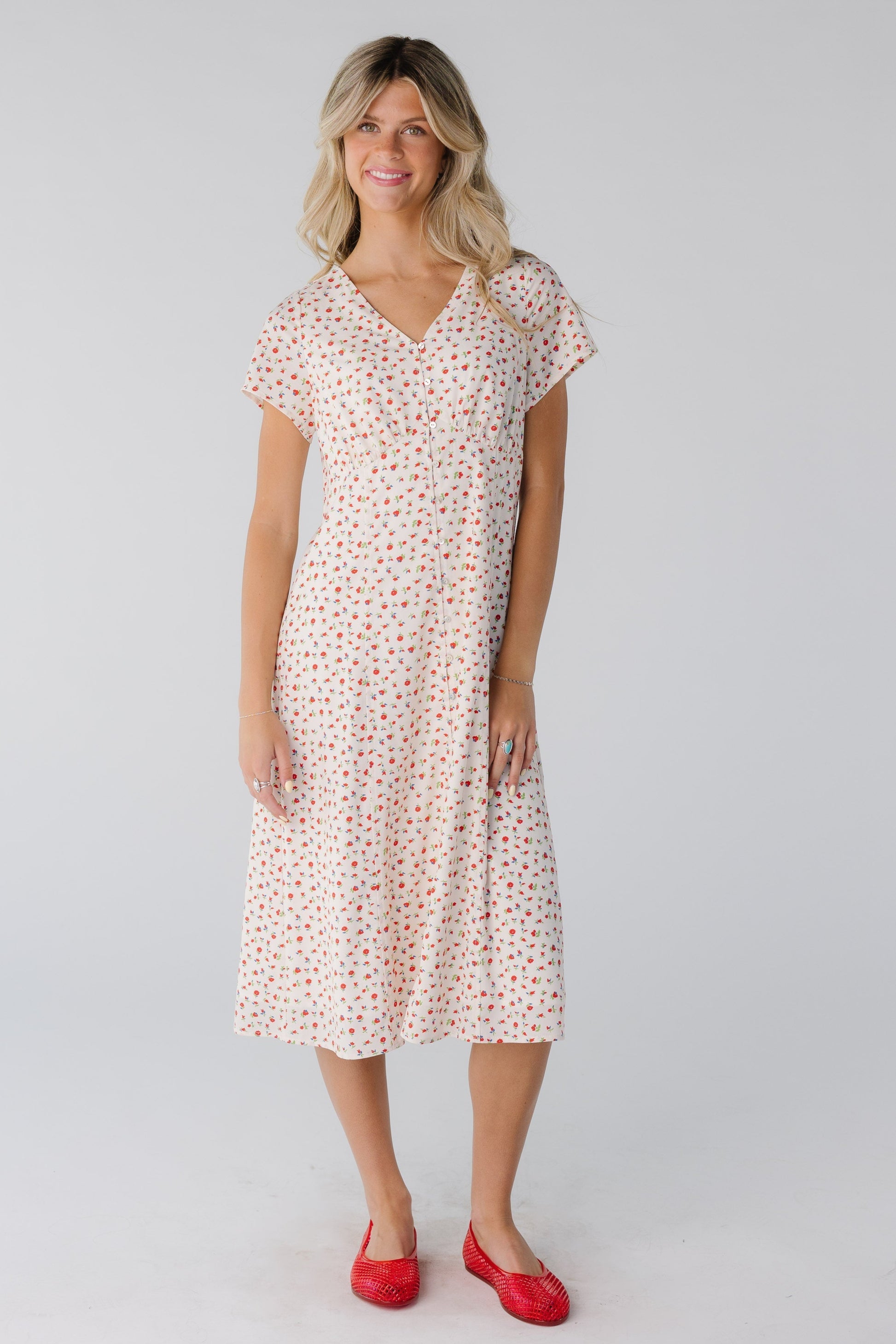 Brass & Roe Modest Cherry Pie Button Down Dress Cream / L