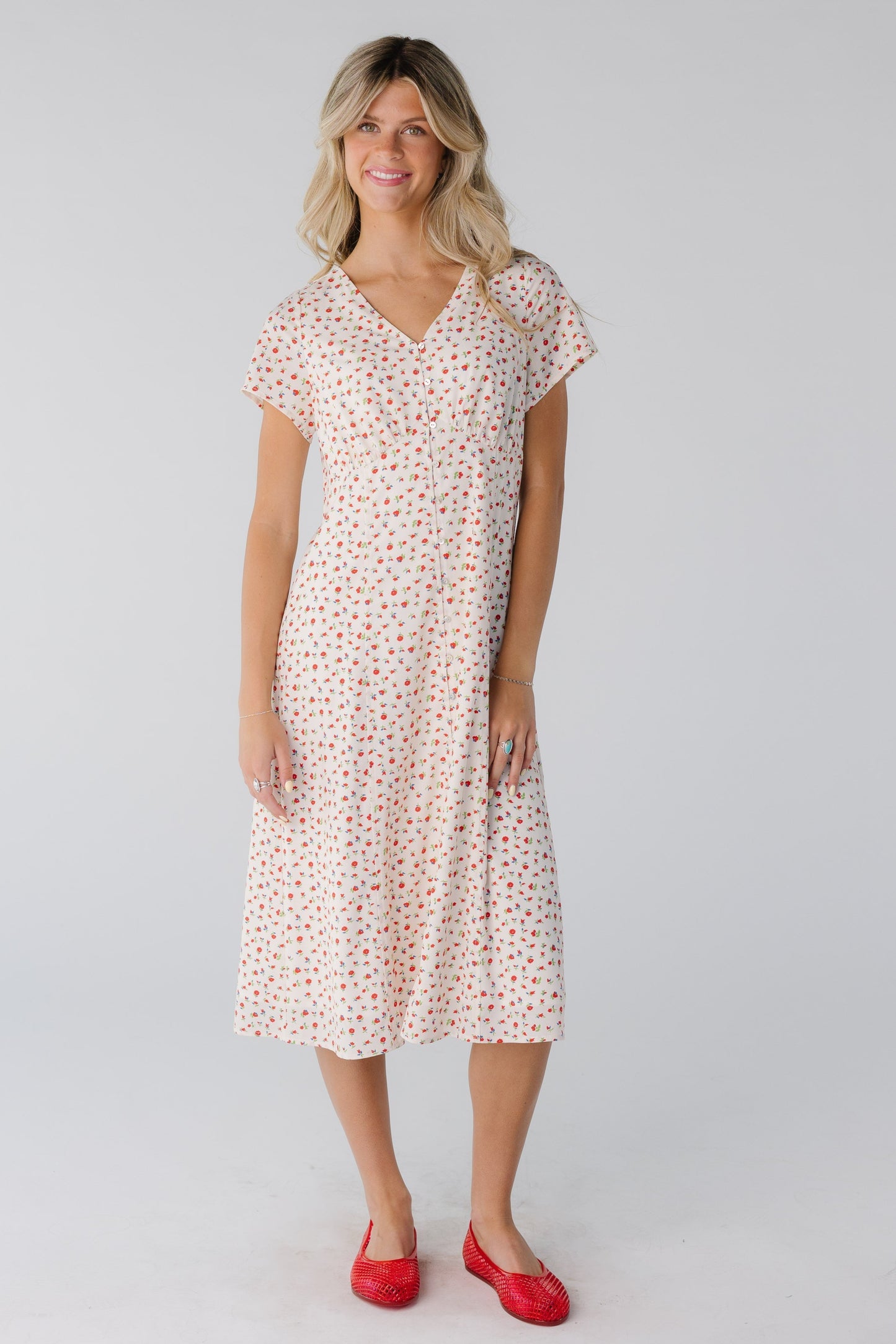 Brass & Roe Cherry Pie Button Down Dress in cream
