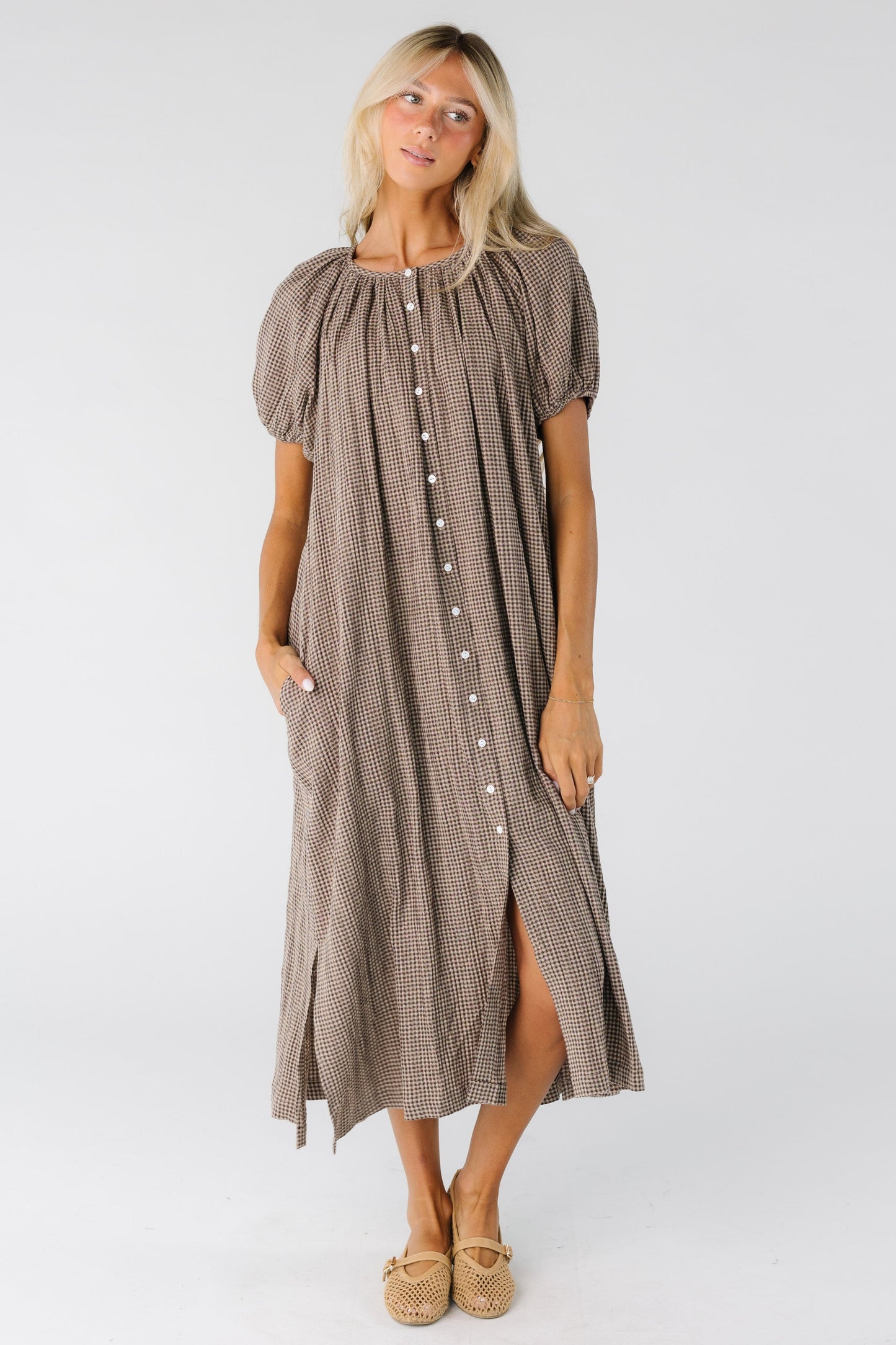 Brass & Roe Daybreak Button Down Dress WOMEN'S DRESS brass & roe Taupe Gingham XS 