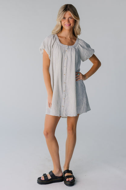 Brass & Roe Ellie Gauze Print Dress WOMEN'S DRESS brass & roe White/Blue Check XS 