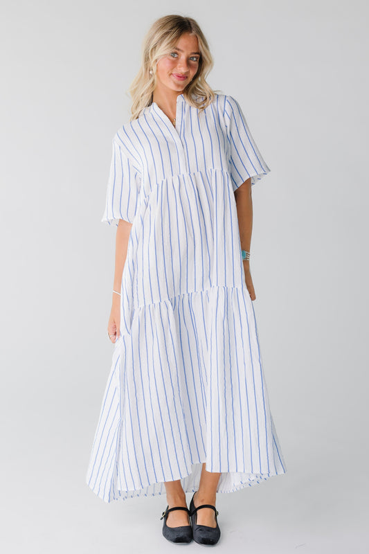 Brass & Roe Pondering Gauze Straight Sleeve-Petite Dress for women in blue stripe