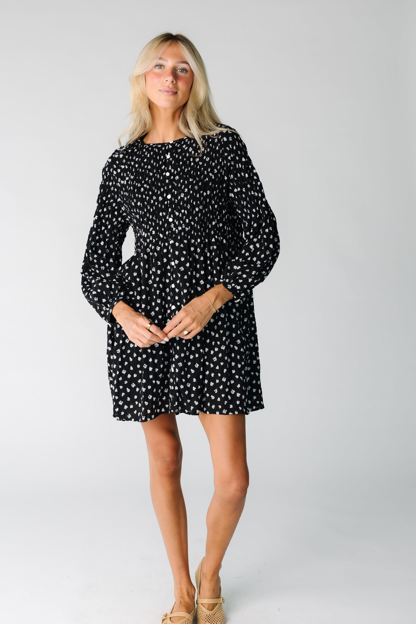Modest women and teens short dress in floral with long sleeves