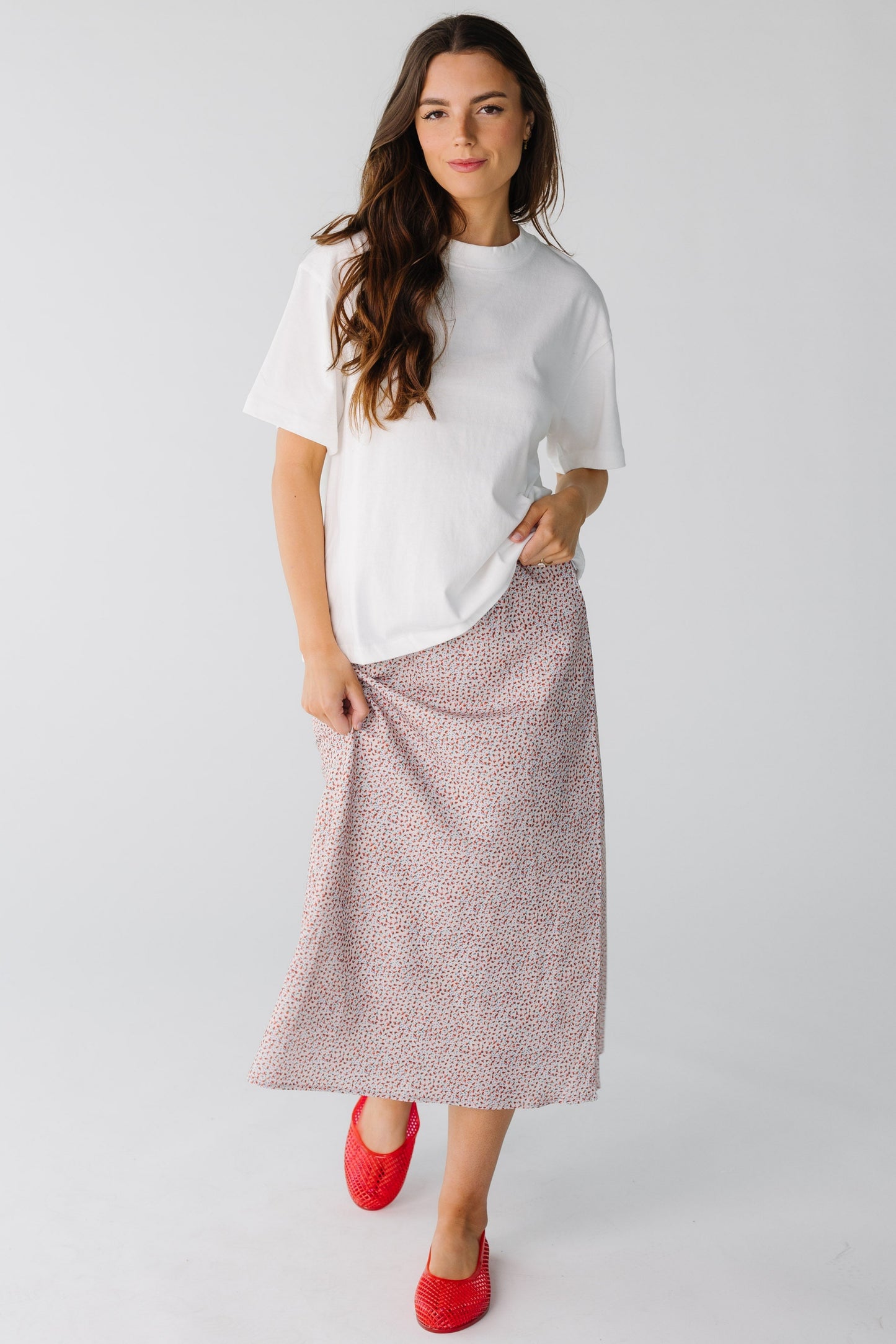 Brass & Roe Meadow Midi Skirt in red floral