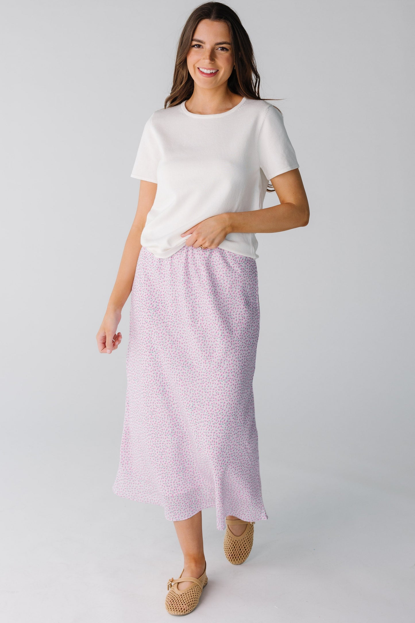 Brass & Roe Meadow Midi Skirt in pink floral