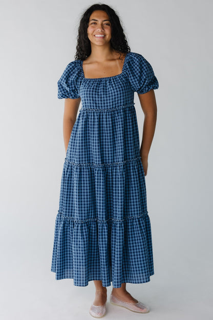 Brass & Roe Charity Tiered Midi Dress - Gingham WOMEN'S DRESS brass & roe Navy/Blue XS 