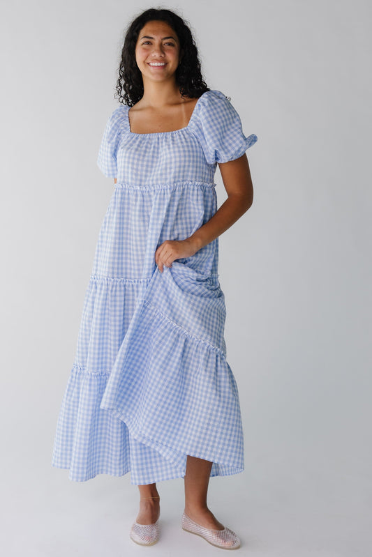 Brass & Roe Charity Tiered Midi Dress for women in light blue gingham