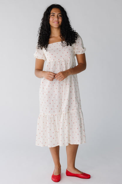 Modest Square neck midi with short puff sleeves in a ivory cherry print