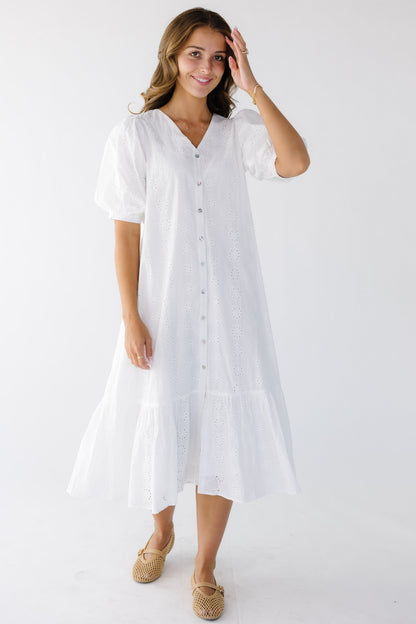 Brass & Roe Cori Button Down Eyelet Dress in white for women and teens.