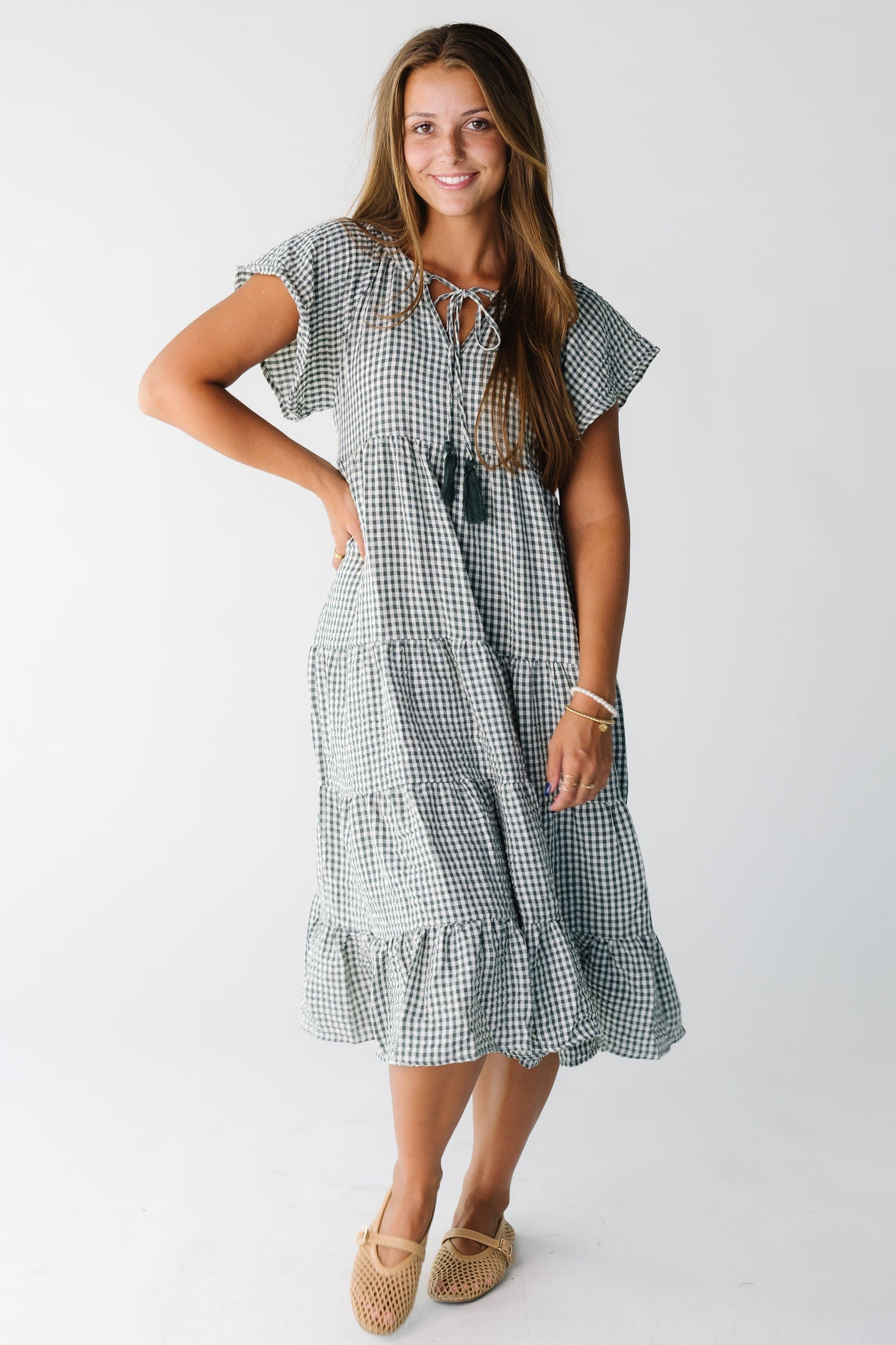 Brass & Roe Elmina Gingham Dress WOMEN'S DRESS brass & roe Green Gingham XS 