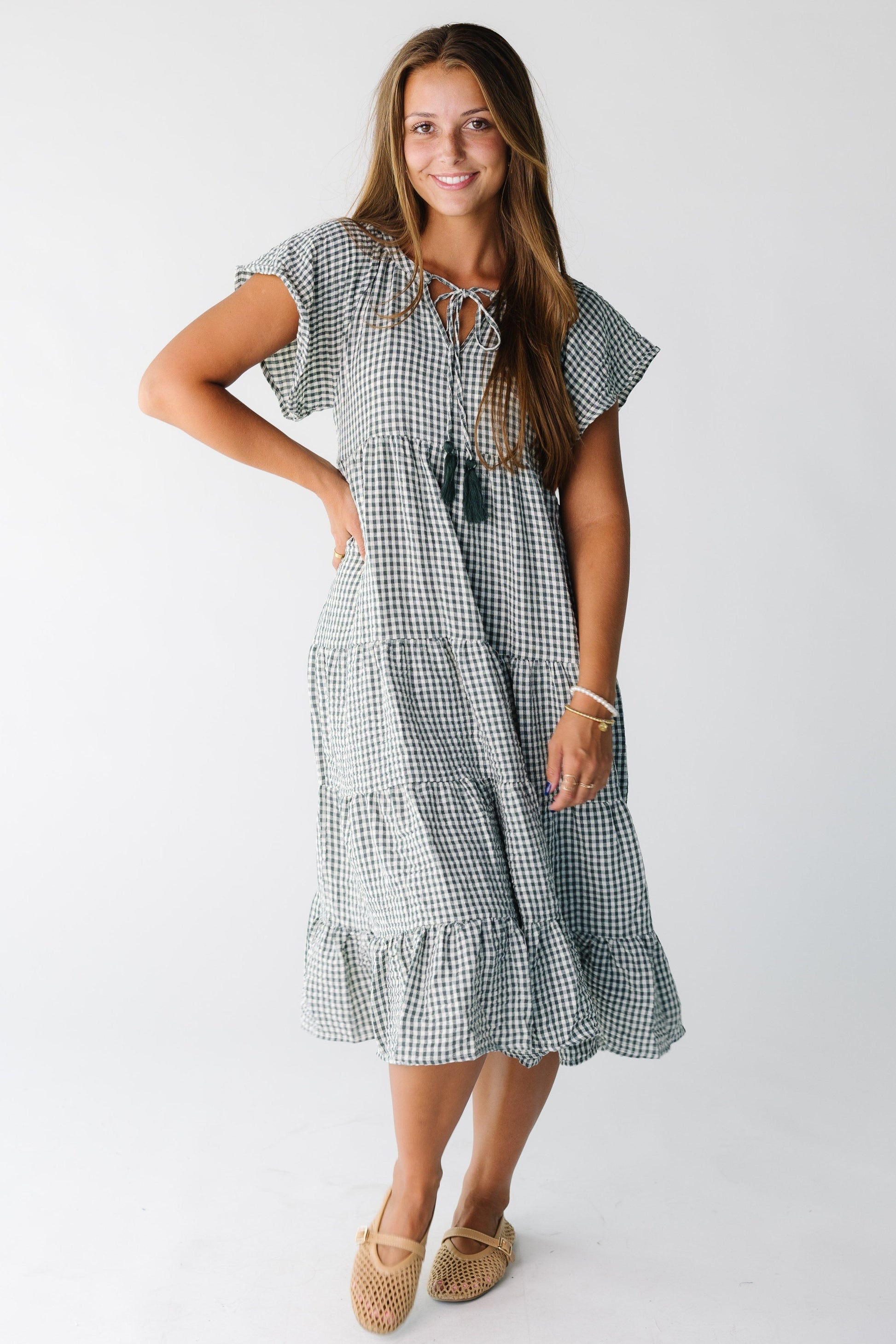 Brass & Roe Elmina Gingham Dress for women and teens in green gingham