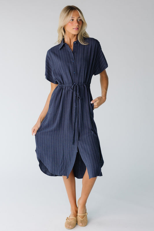 Brass & Roe Linen Tie Waist Dress WOMEN'S DRESS brass & roe Navy XS 